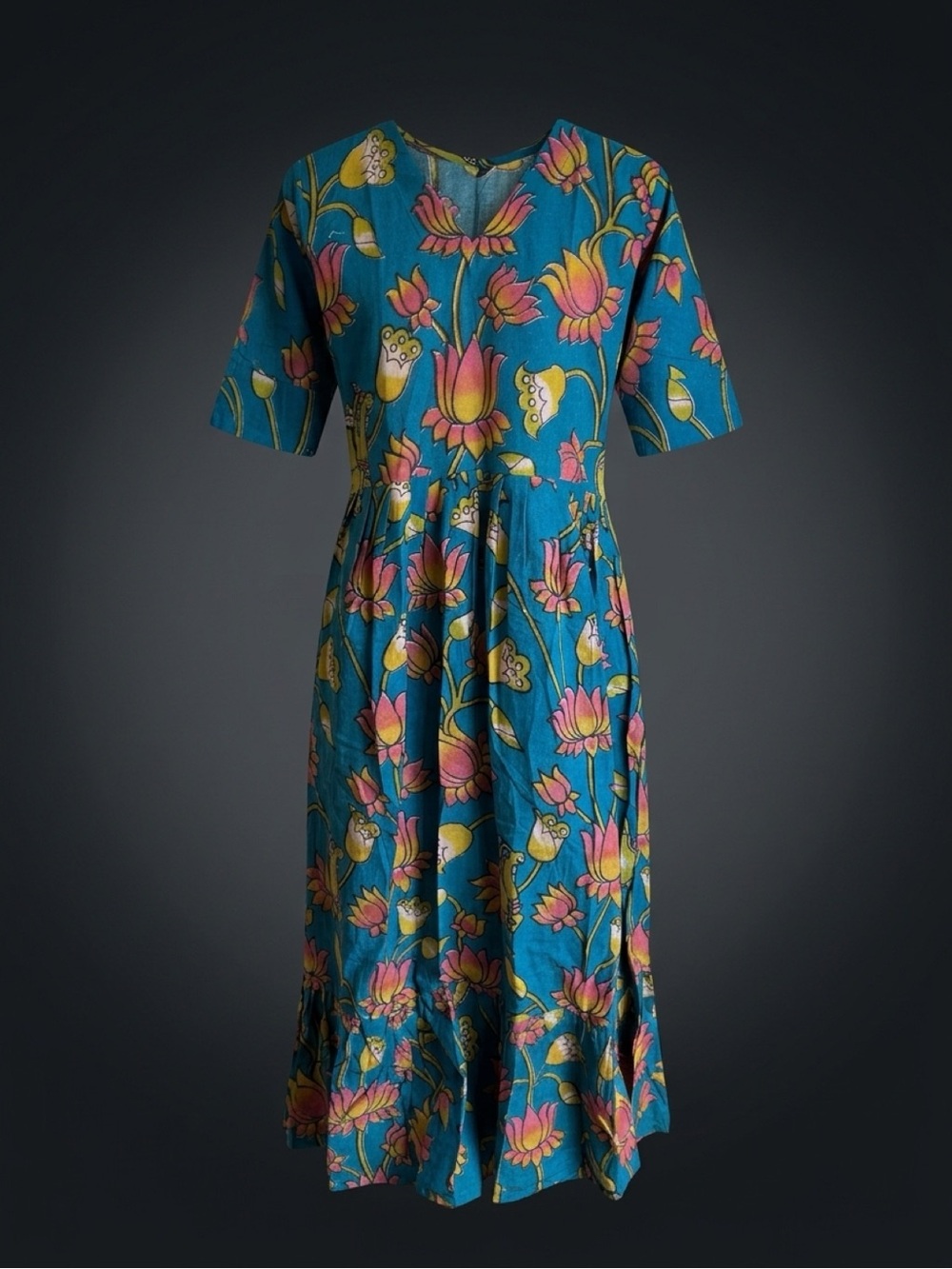 Floral Teal Midi Dress with Pink & Yellow Blooms